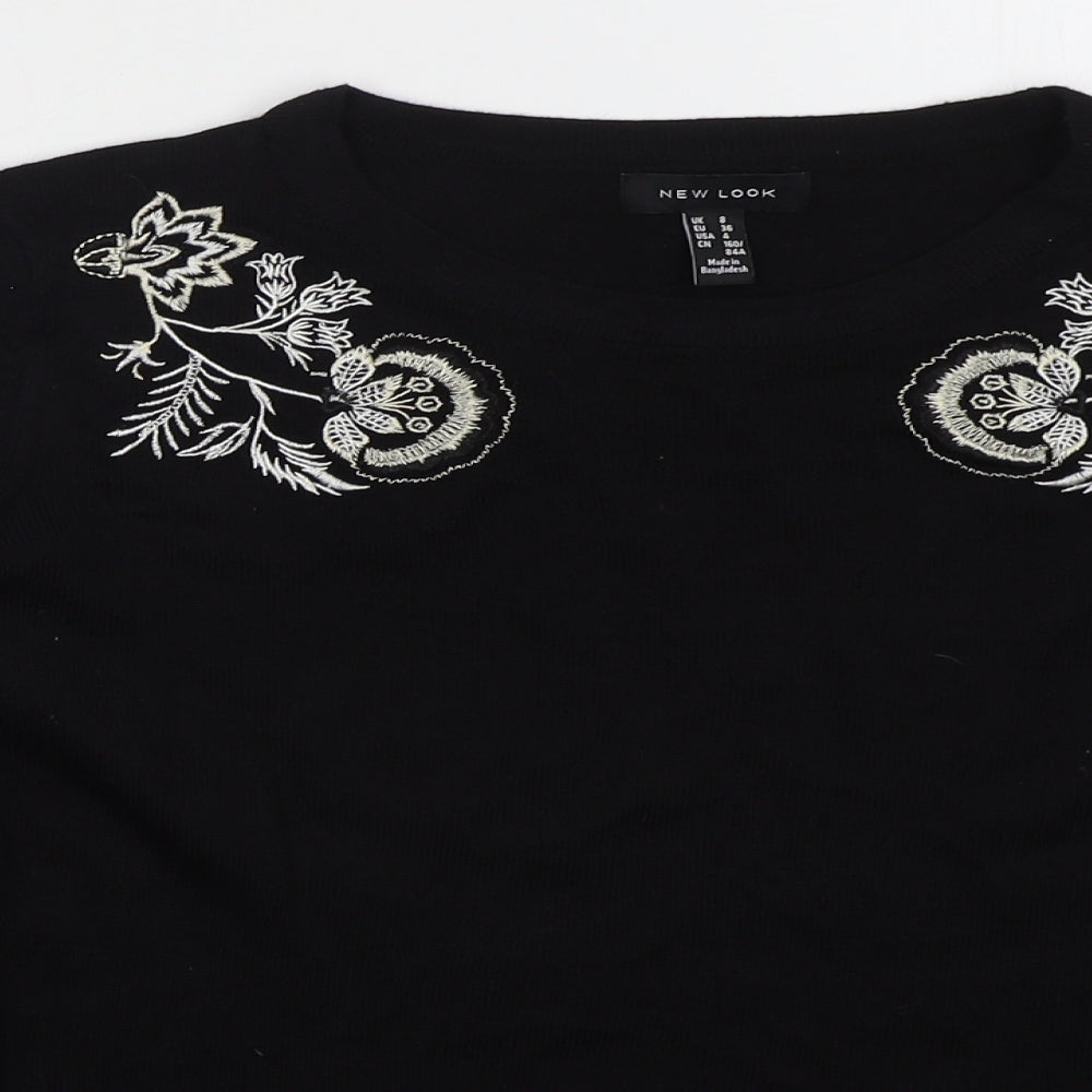 New Look Womens Black Crew Neck Floral Acrylic Pullover Jumper Size 8