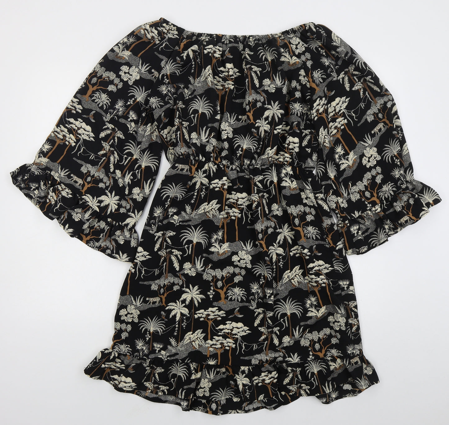 H&M Womens Black  Polyester Skater Dress  Size 8  Off the Shoulder Pullover - Trees