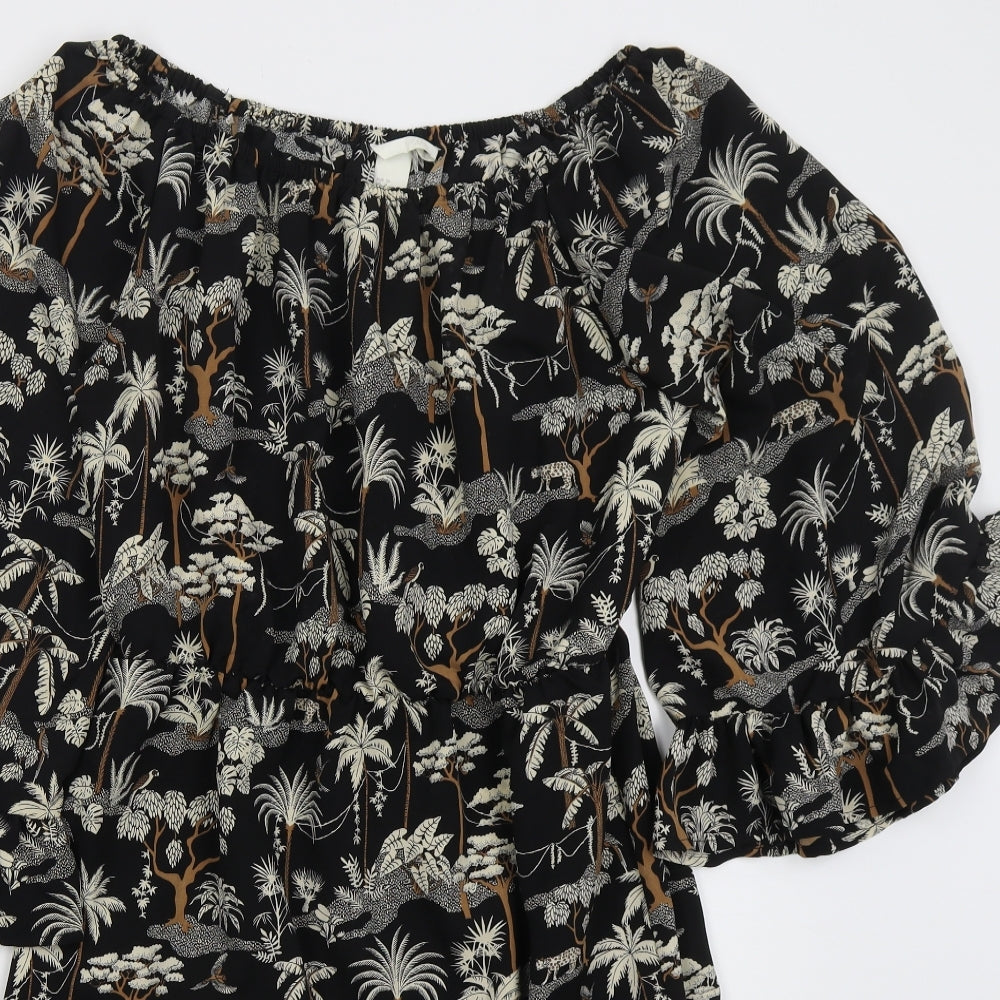 H&M Womens Black  Polyester Skater Dress  Size 8  Off the Shoulder Pullover - Trees