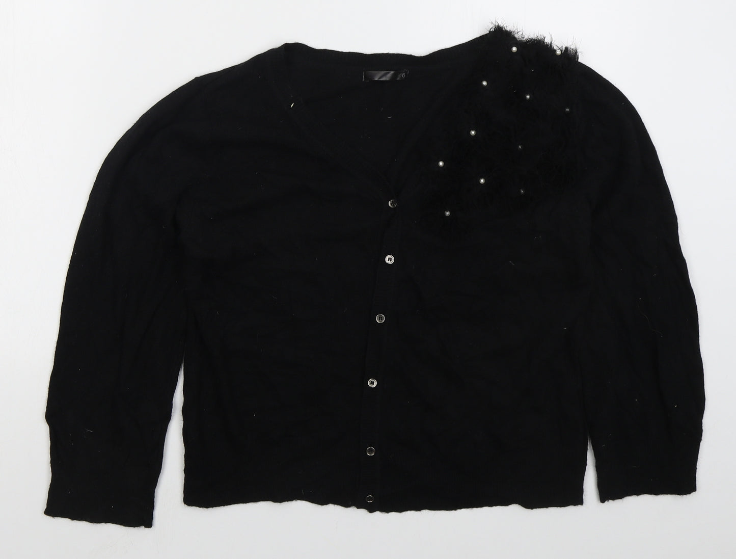 Dunnes Womens Black V-Neck  Nylon Cardigan Jumper Size 16