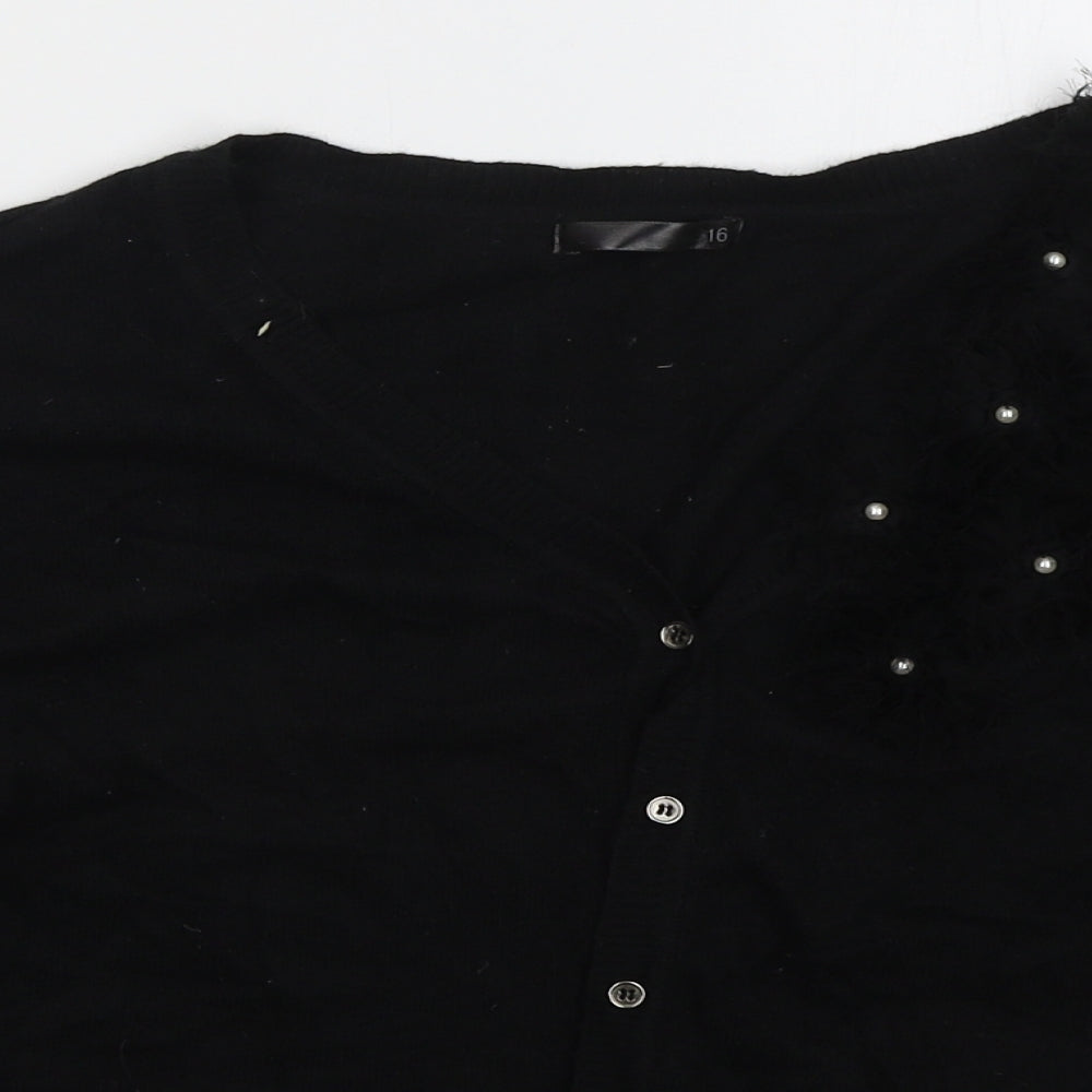 Dunnes Womens Black V-Neck  Nylon Cardigan Jumper Size 16