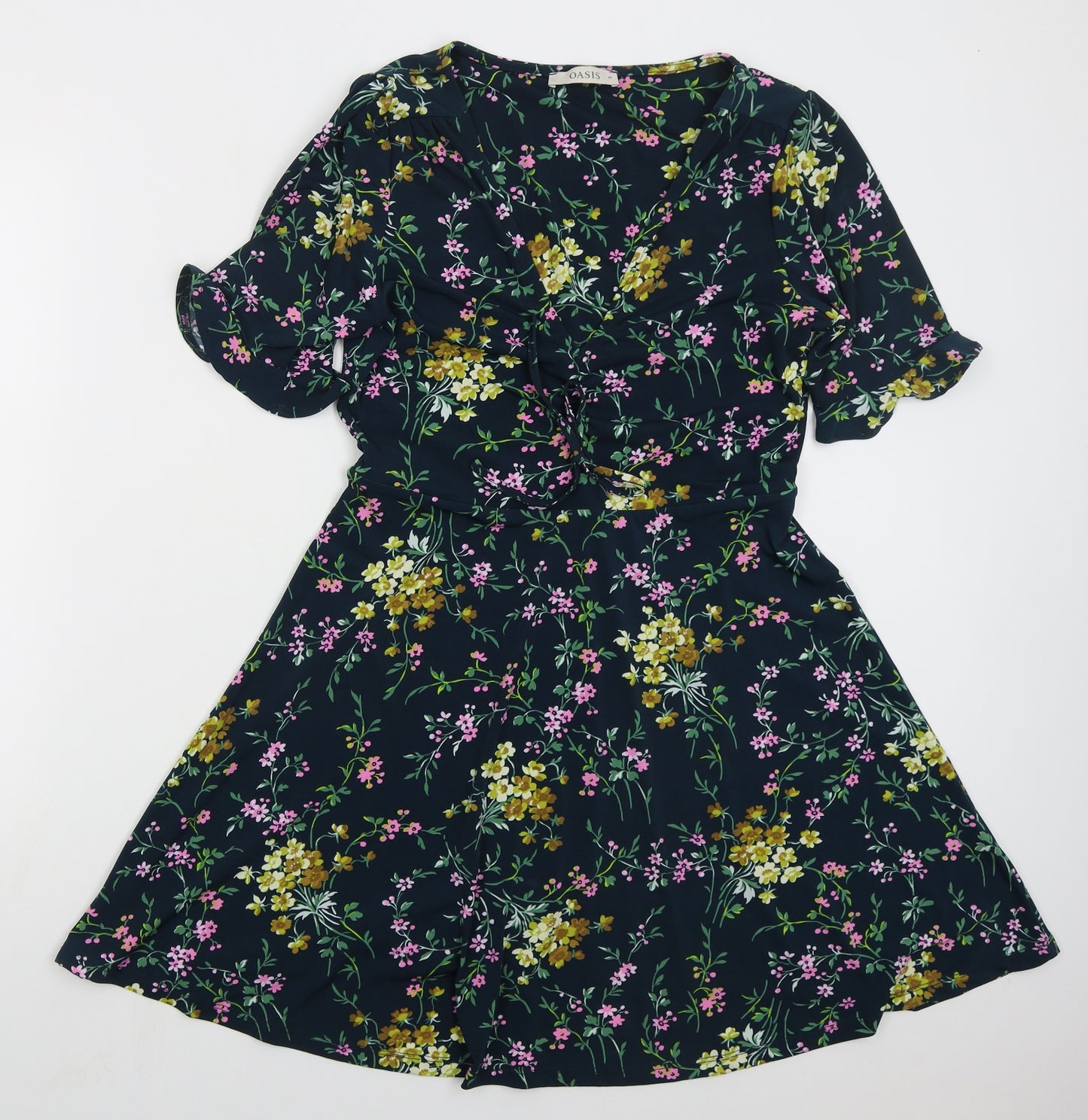 Oasis Womens Green Floral Polyester Skater Dress  Size M  V-Neck Pullover