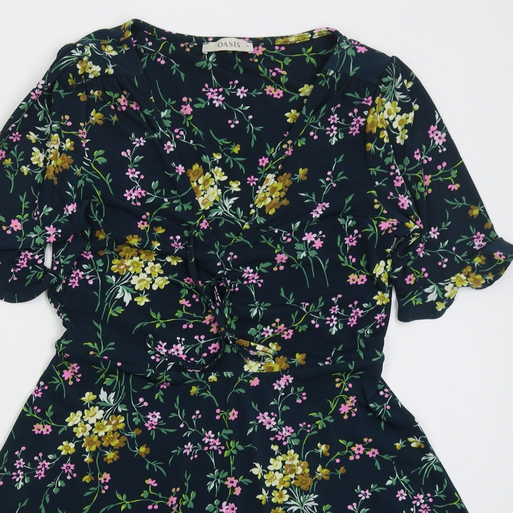 Oasis Womens Green Floral Polyester Skater Dress  Size M  V-Neck Pullover