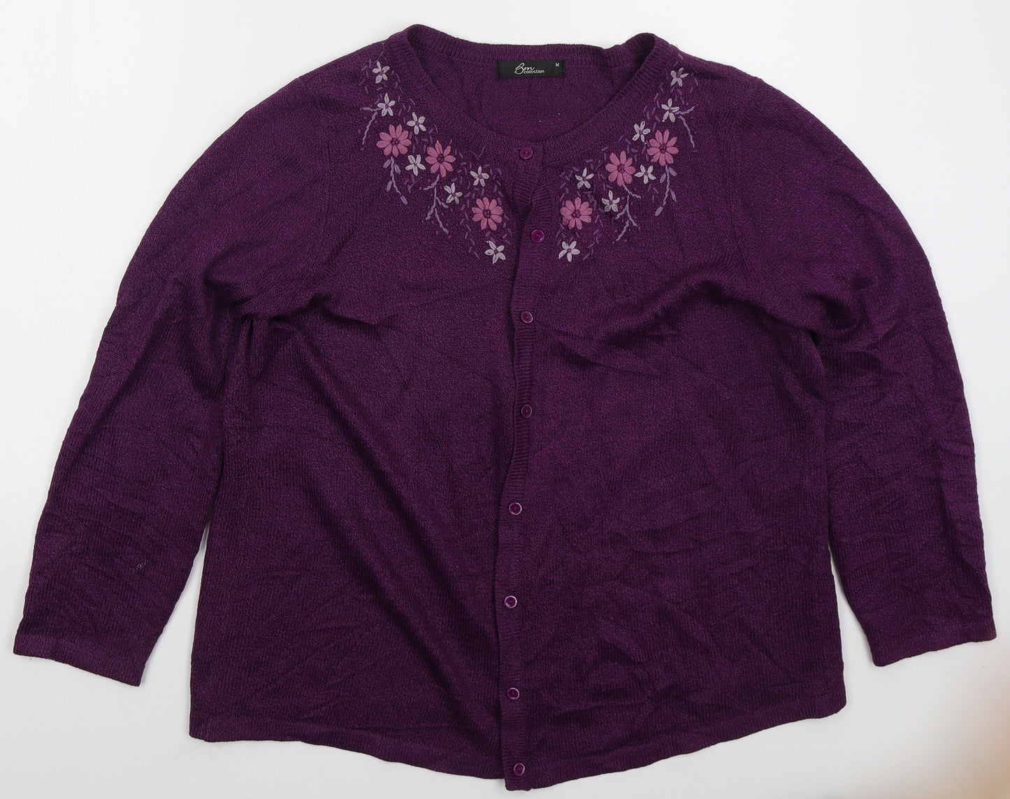 Bonmarché Womens Purple Round Neck Floral Acrylic Cardigan Jumper Size M