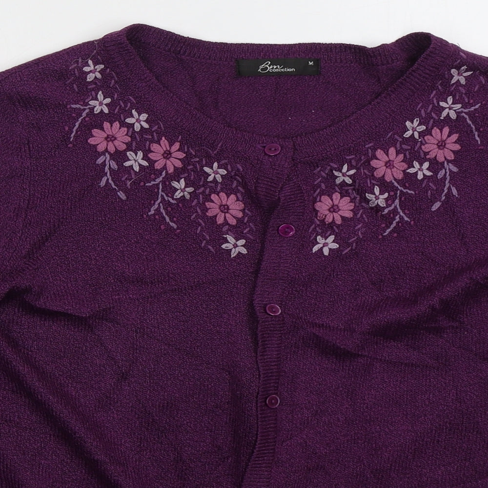 Bonmarché Womens Purple Round Neck Floral Acrylic Cardigan Jumper Size M