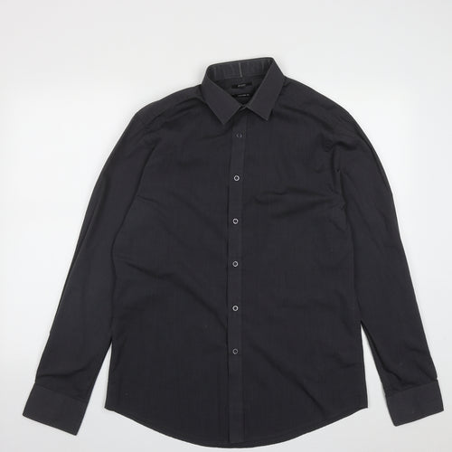 F&F Mens Black  Polyester  Button-Up Size 15.5 Collared Button