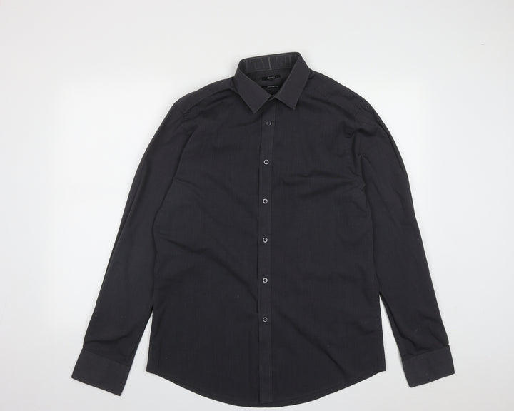 F&F Mens Black Polyester Button-Up Size 15.5 Collared Button