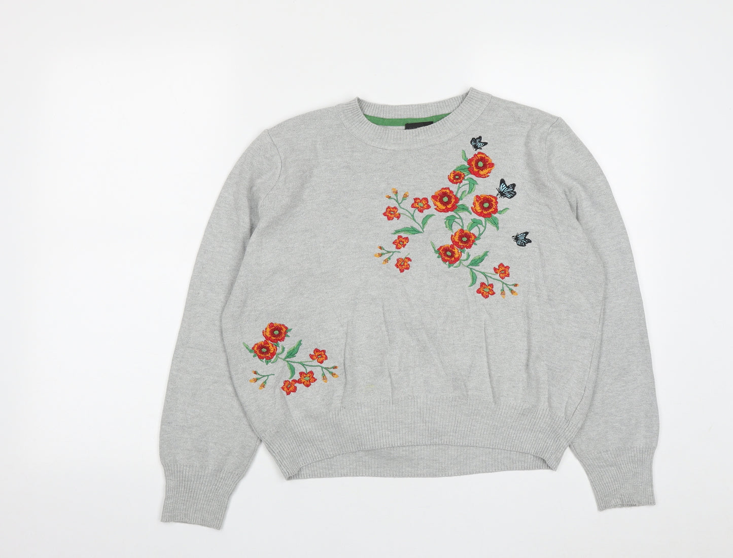 Topshop Womens Grey Round Neck Floral Acrylic Pullover Jumper Size 10