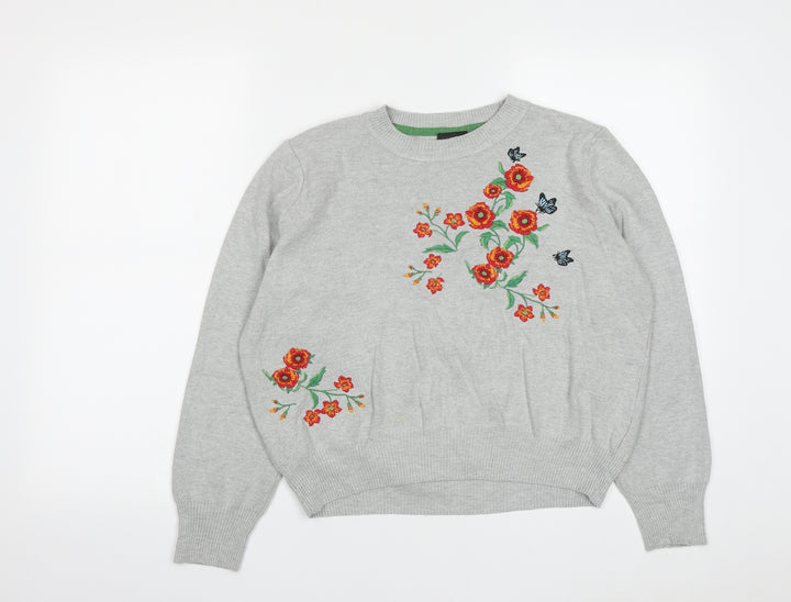 Topshop Womens Grey Round Neck Floral Acrylic Pullover Jumper Size 10