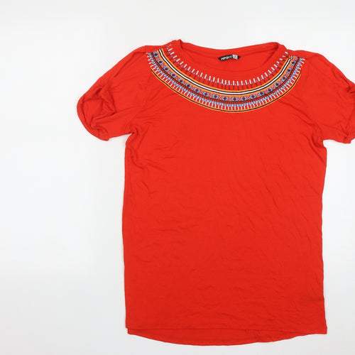 Pep&Co Womens Red Geometric Viscose Basic T-Shirt Size 10 Round Neck - Shoulder Detail