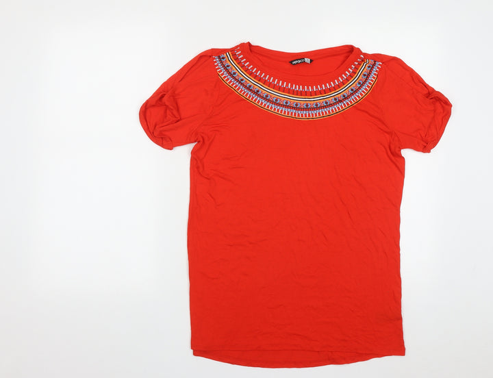 Pep&Co Womens Red Geometric Viscose Basic T-Shirt Size 10 Round Neck - Shoulder Detail