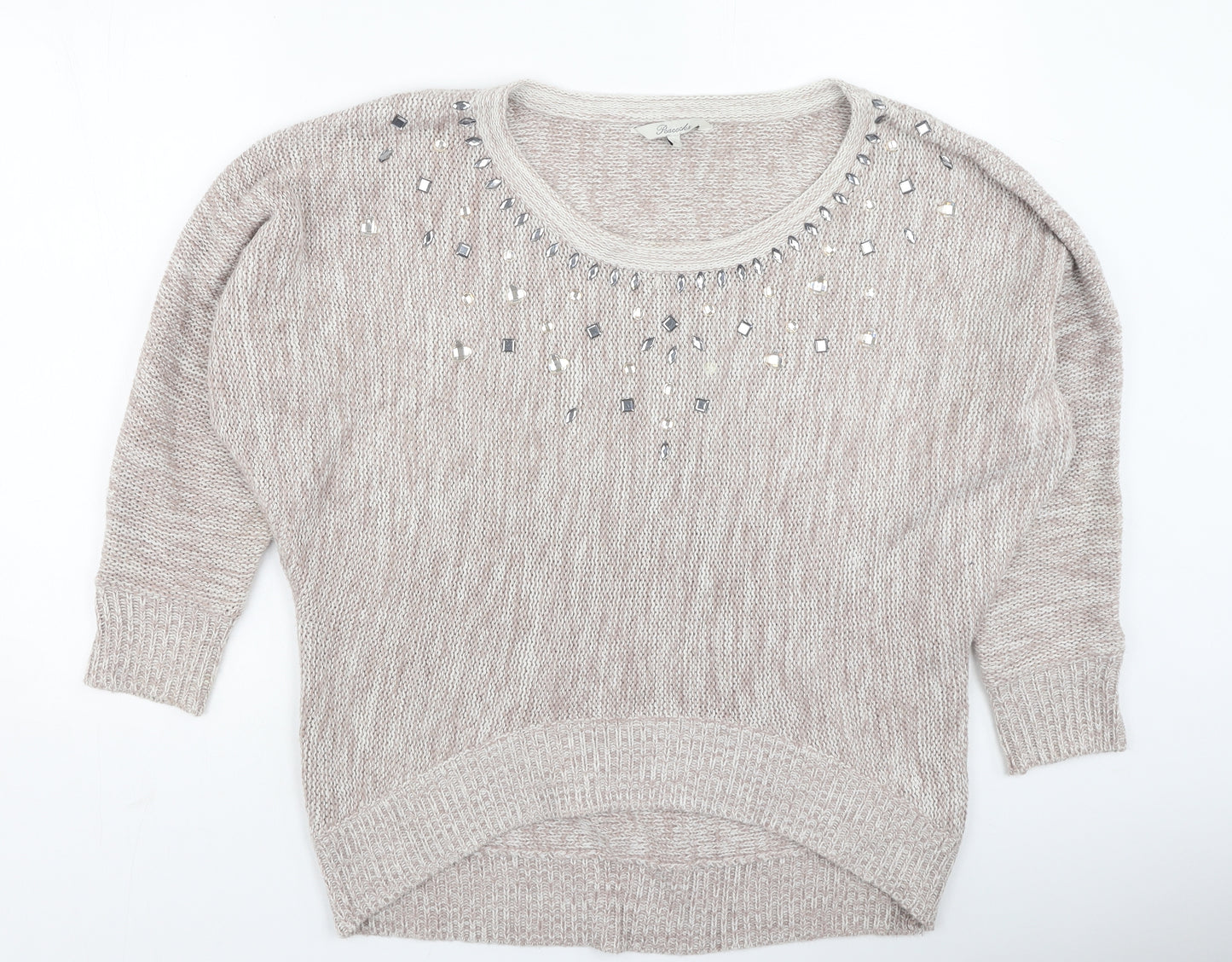 Peacocks Womens Beige Round Neck  Acrylic Pullover Jumper Size L