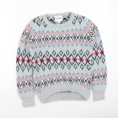 Cherokee Girls Multicoloured Round Neck Geometric Acrylic Pullover Jumper Size 9-10 Years