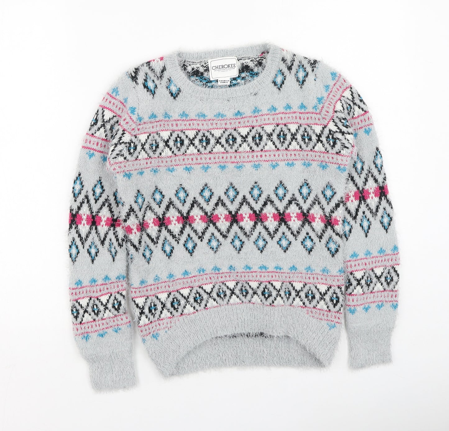 Cherokee Girls Multicoloured Round Neck Geometric Acrylic Pullover Jumper Size 9-10 Years