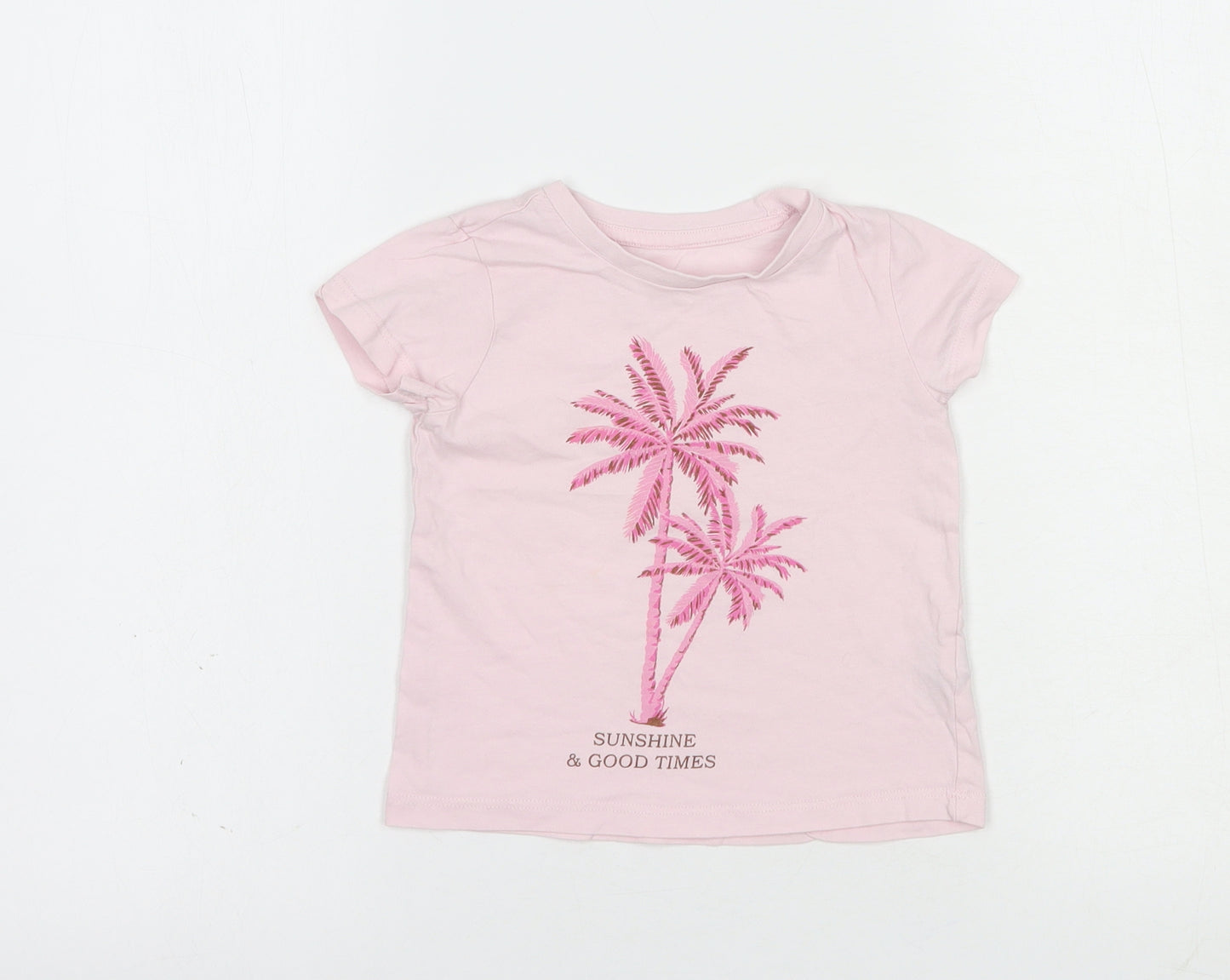 Dunnes Stores Girls Pink  Cotton Pullover T-Shirt Size 2-3 Years Crew Neck Pullover - Palm Tree