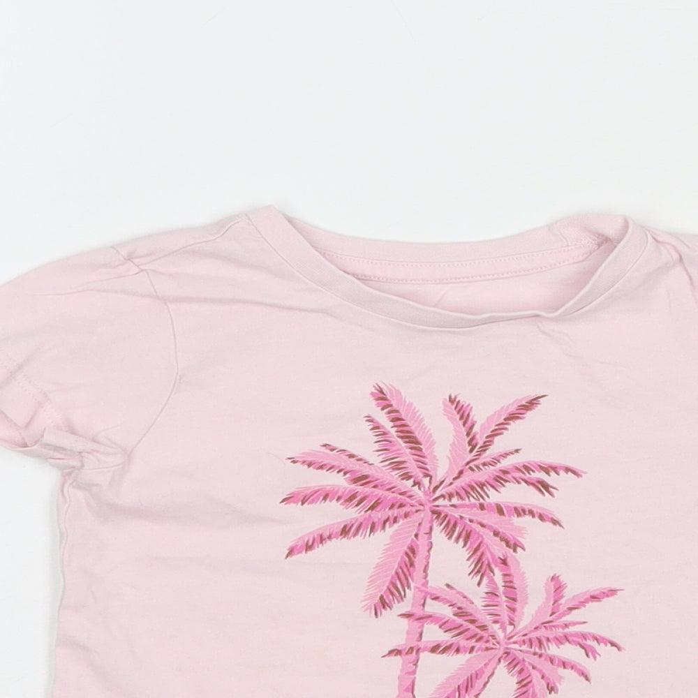 Dunnes Stores Girls Pink  Cotton Pullover T-Shirt Size 2-3 Years Crew Neck Pullover - Palm Tree