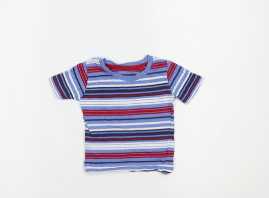 Front view of Primark Baby Blue Striped Cotton Basic T-Shirt, size 12, Months Crew Neck Pullover