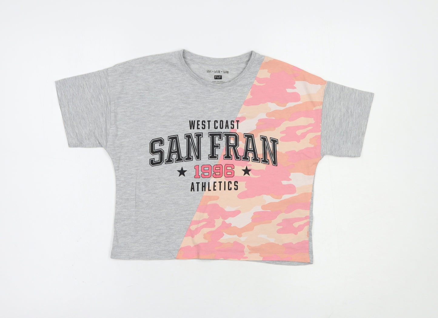 F&F Girls Grey  Cotton Pullover T-Shirt Size 9-10 Years Crew Neck Pullover - San Fran