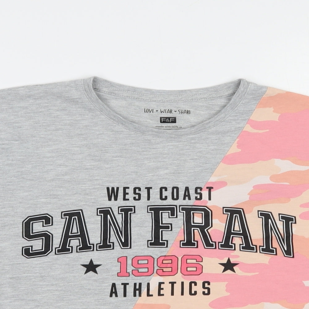 F&F Girls Grey  Cotton Pullover T-Shirt Size 9-10 Years Crew Neck Pullover - San Fran