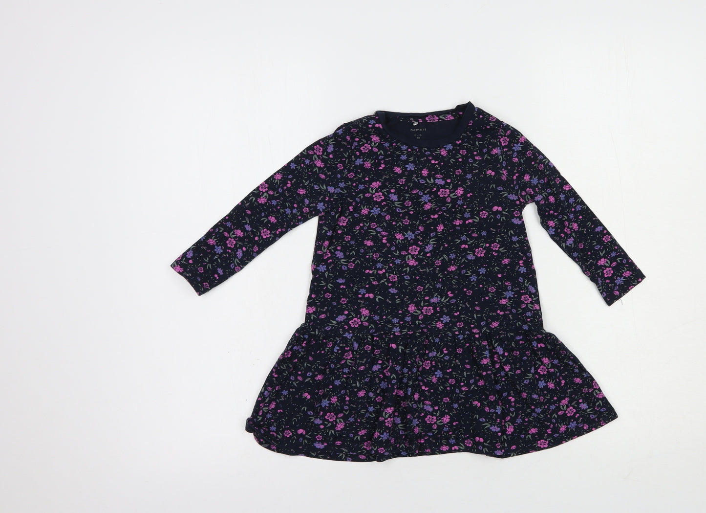 name it Girls Blue Floral Cotton T-Shirt Dress  Size 2-3 Years  Crew Neck Pullover