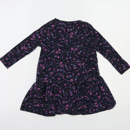 name it Girls Blue Floral Cotton T-Shirt Dress  Size 2-3 Years  Crew Neck Pullover