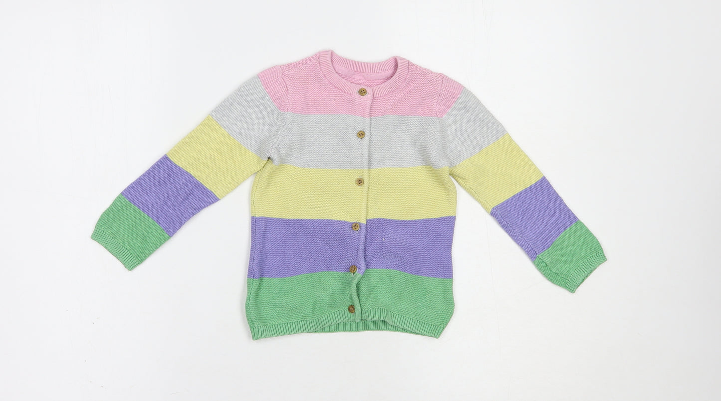 Mothercare Girls Multicoloured Crew Neck Striped Cotton Cardigan Jumper Size 2-3 Years  Button