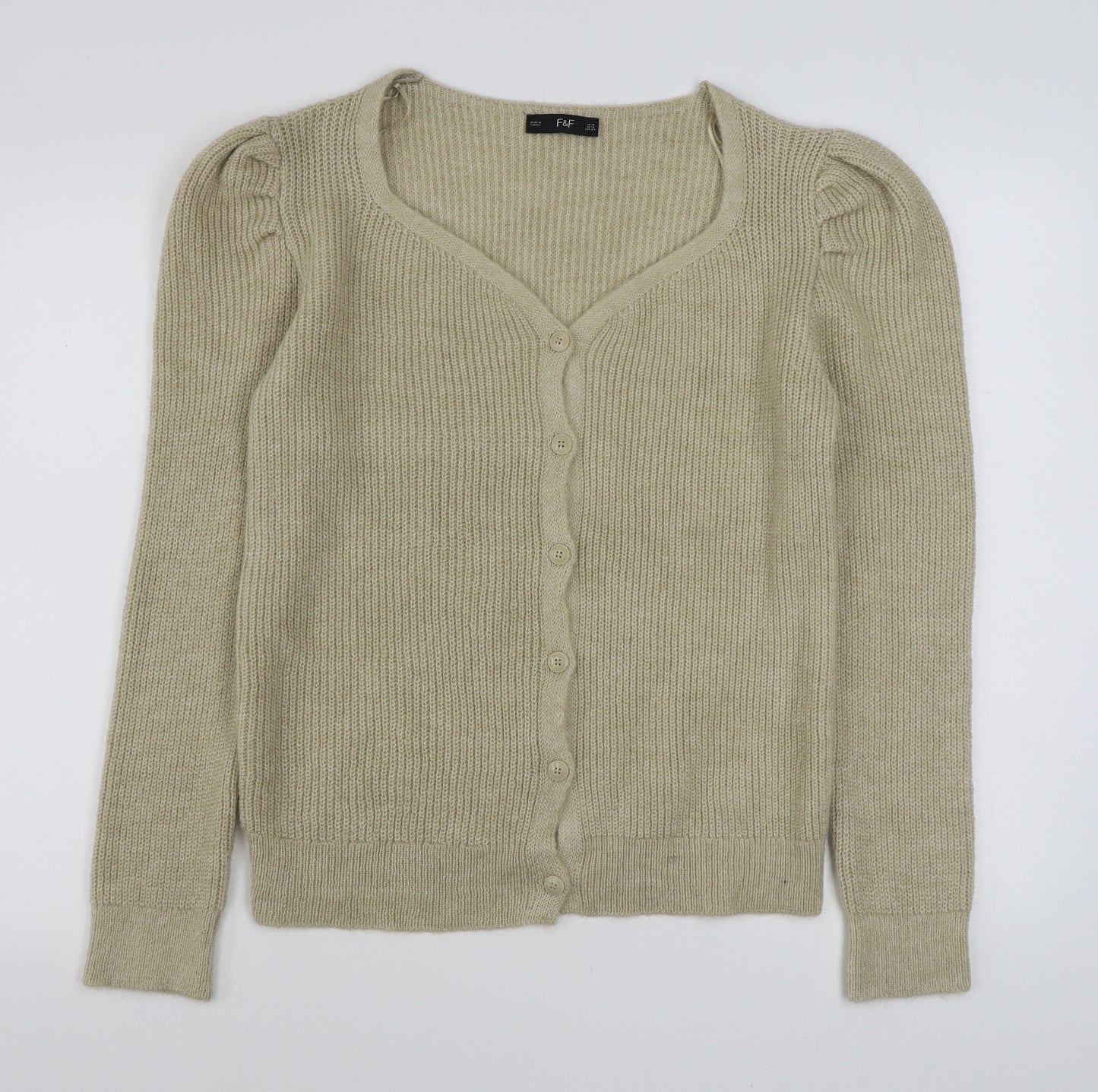 F&F Womens Beige V-Neck  Acrylic Cardigan Jumper Size 16
