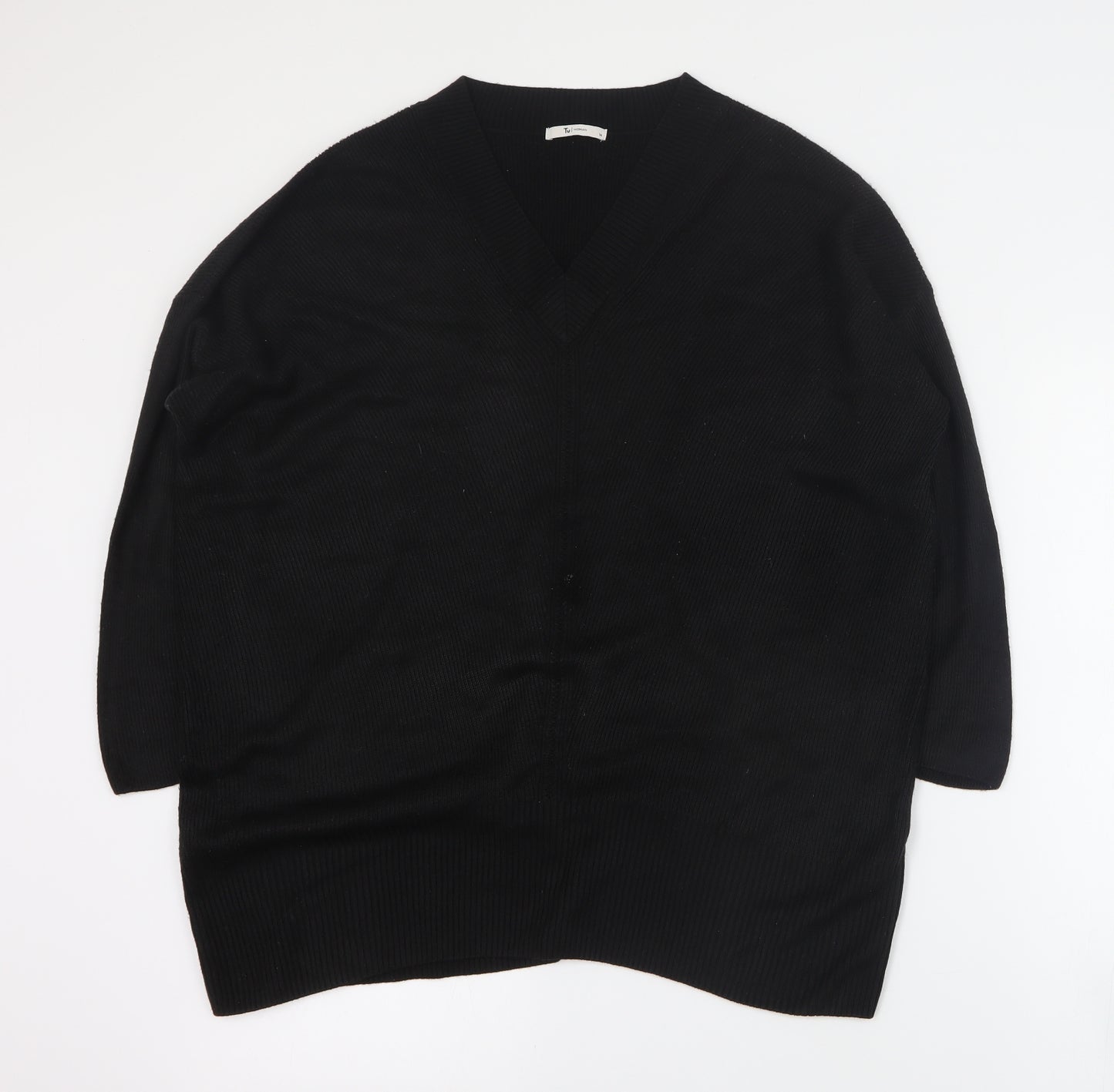 TU Womens Black V-Neck  Acrylic Pullover Jumper Size 14