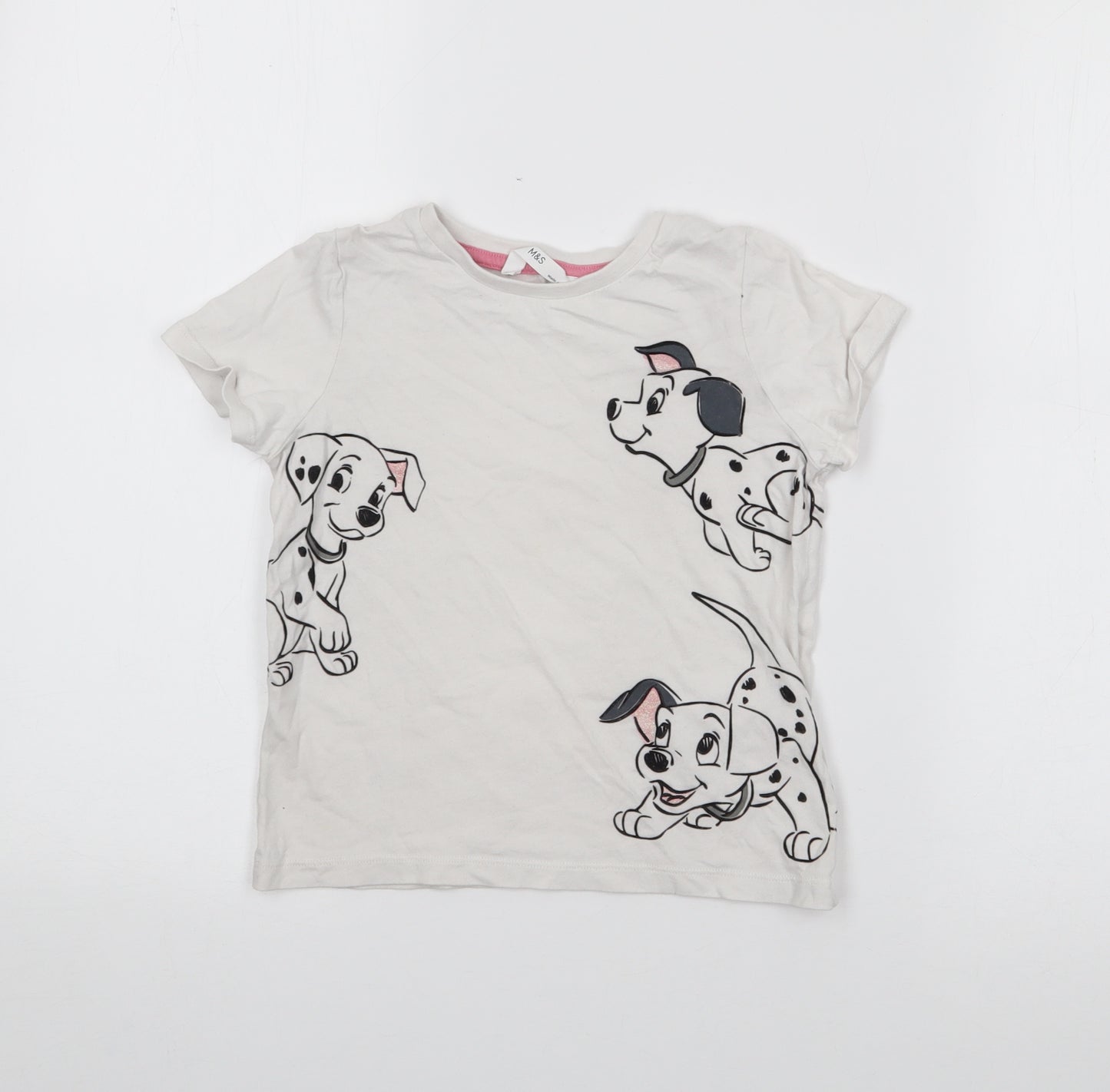 Marks and Spencer Girls White  Cotton Basic T-Shirt Size 5-6 Years Crew Neck  - 101 dalmations