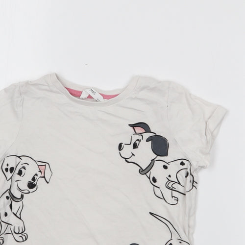 Marks and Spencer Girls White  Cotton Basic T-Shirt Size 5-6 Years Crew Neck  - 101 dalmations