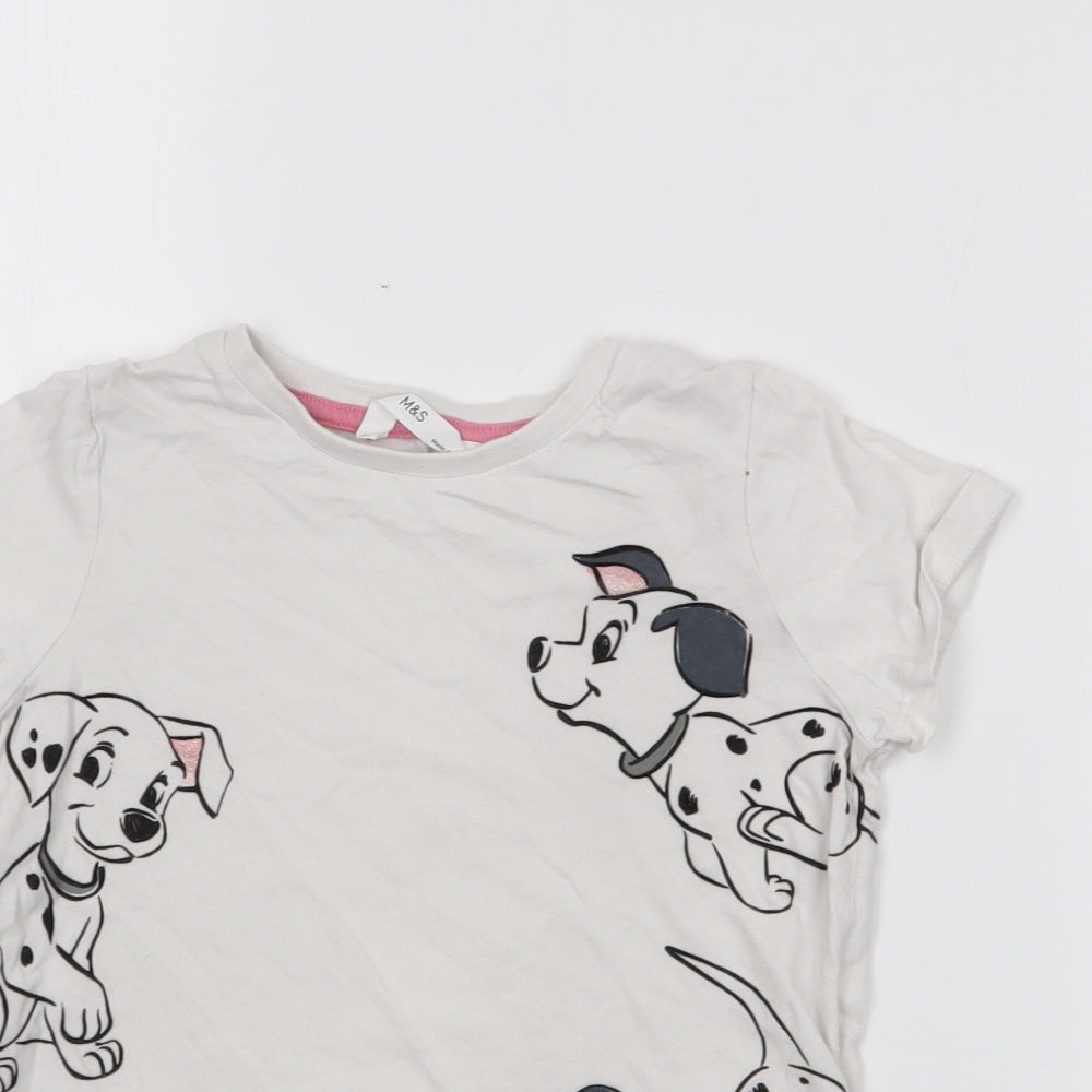 Marks and Spencer Girls White  Cotton Basic T-Shirt Size 5-6 Years Crew Neck  - 101 dalmations