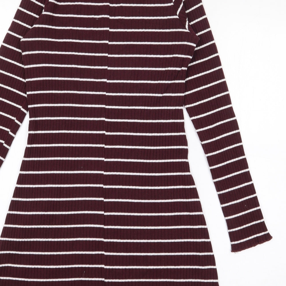 Primark Womens Purple Striped Cotton Jumper Dress  Size 8  Roll Neck
