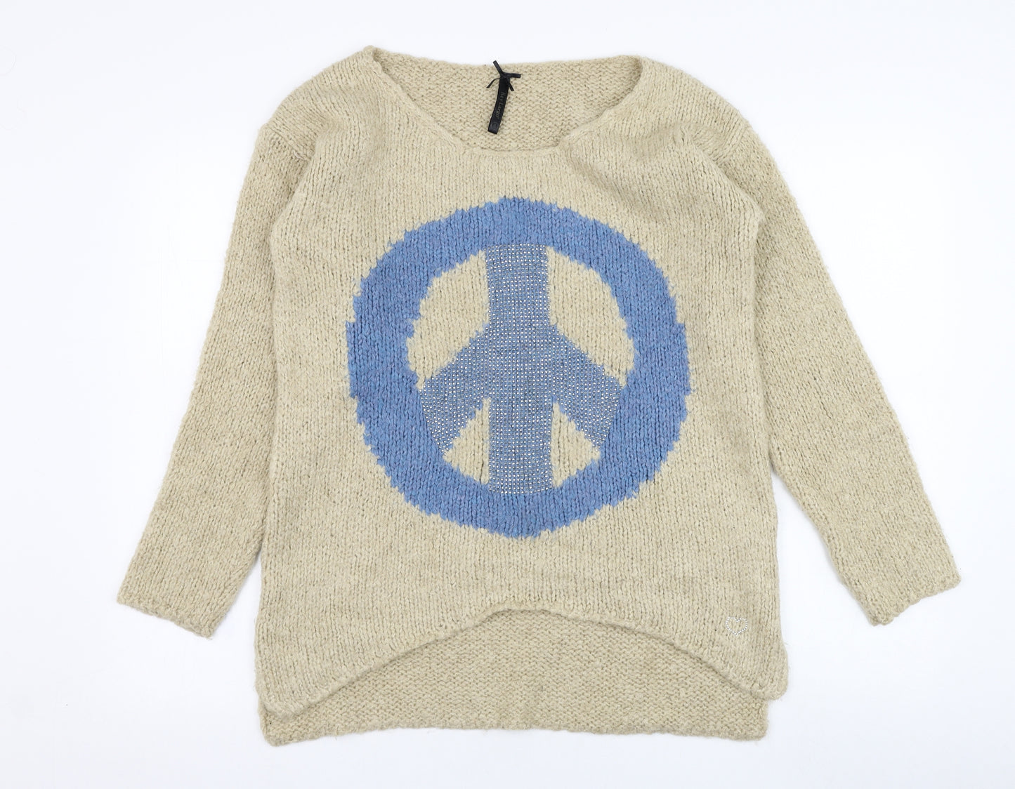 Key Largo Womens Beige Round Neck  Acrylic Pullover Jumper Size S   - Peace