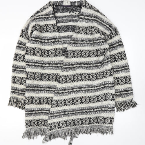 Marks and Spencer Womens Beige Round Neck Geometric Acrylic Wrap Jumper Size L   - tassels on bottom