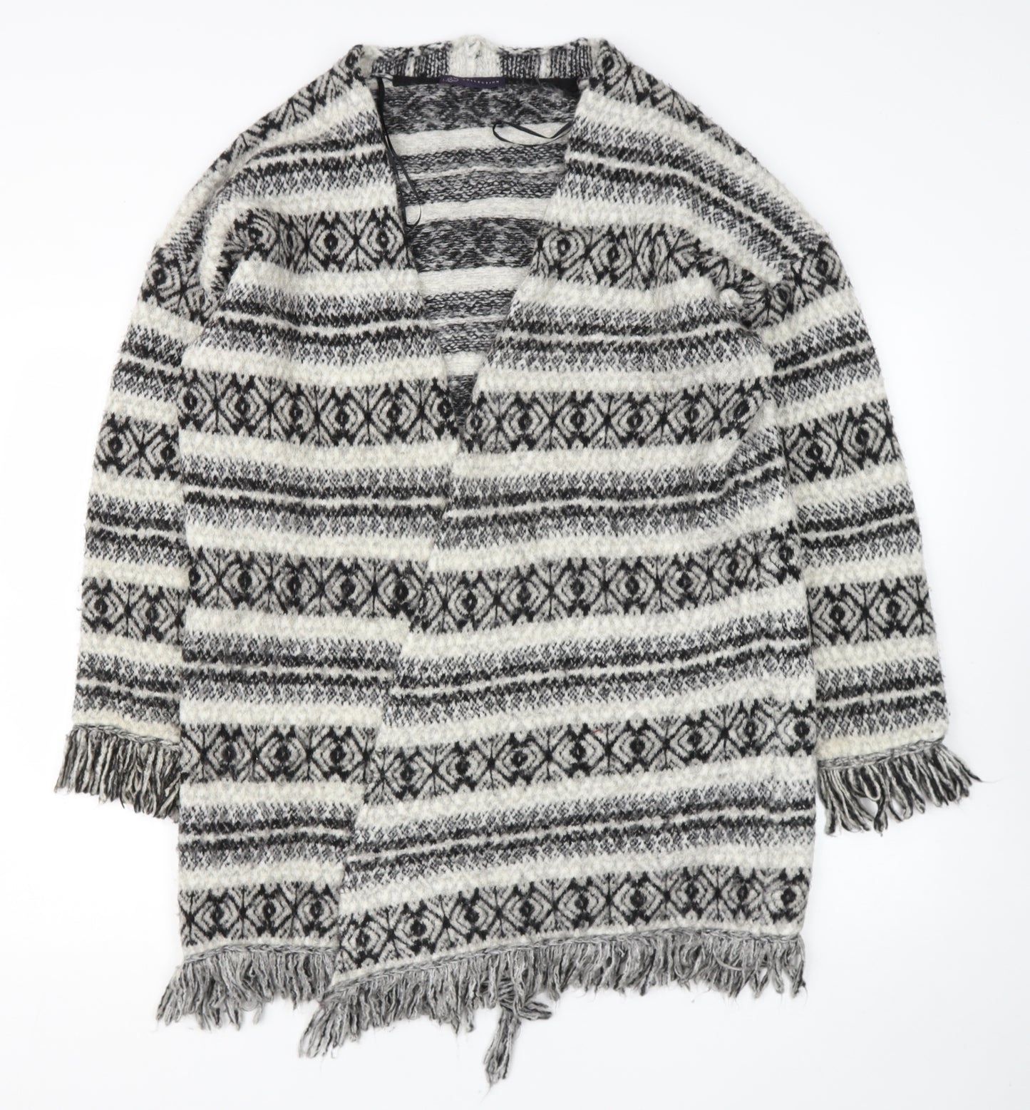 Marks and Spencer Womens Beige Round Neck Geometric Acrylic Wrap Jumper Size L   - tassels on bottom
