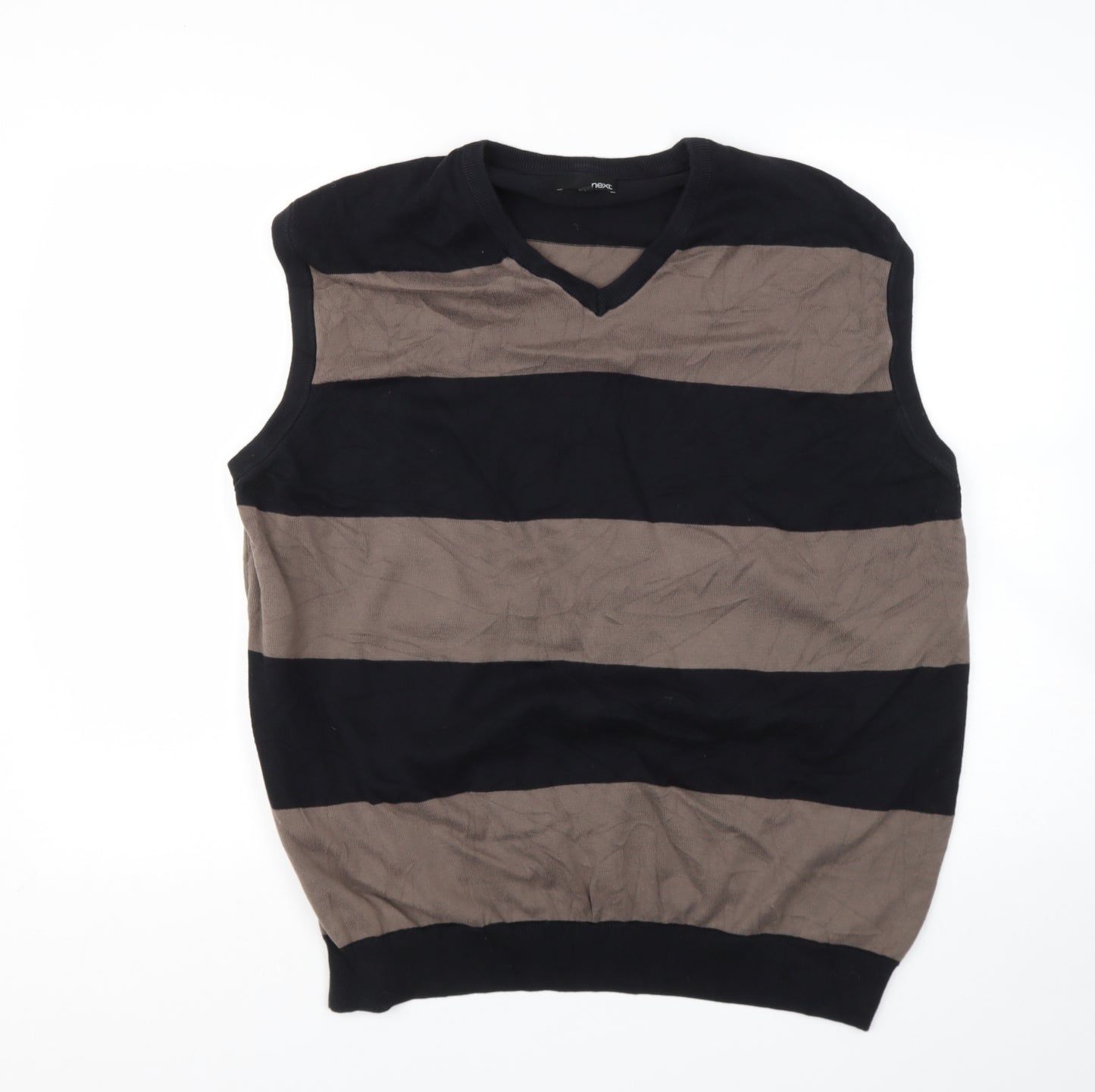 NEXT Mens Brown V-Neck Striped Cotton Pullover Jumper Size XL