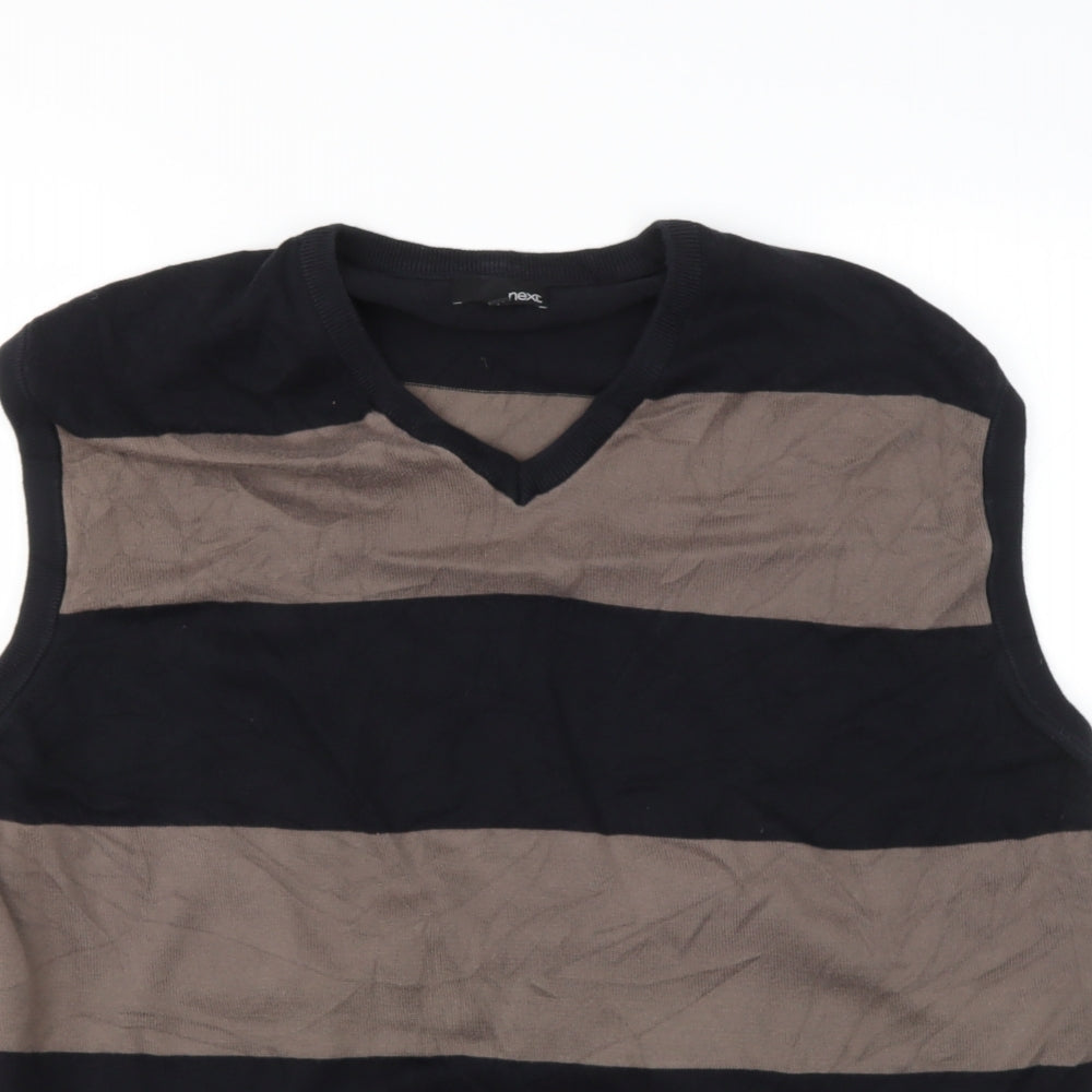NEXT Mens Brown V-Neck Striped Cotton Pullover Jumper Size XL