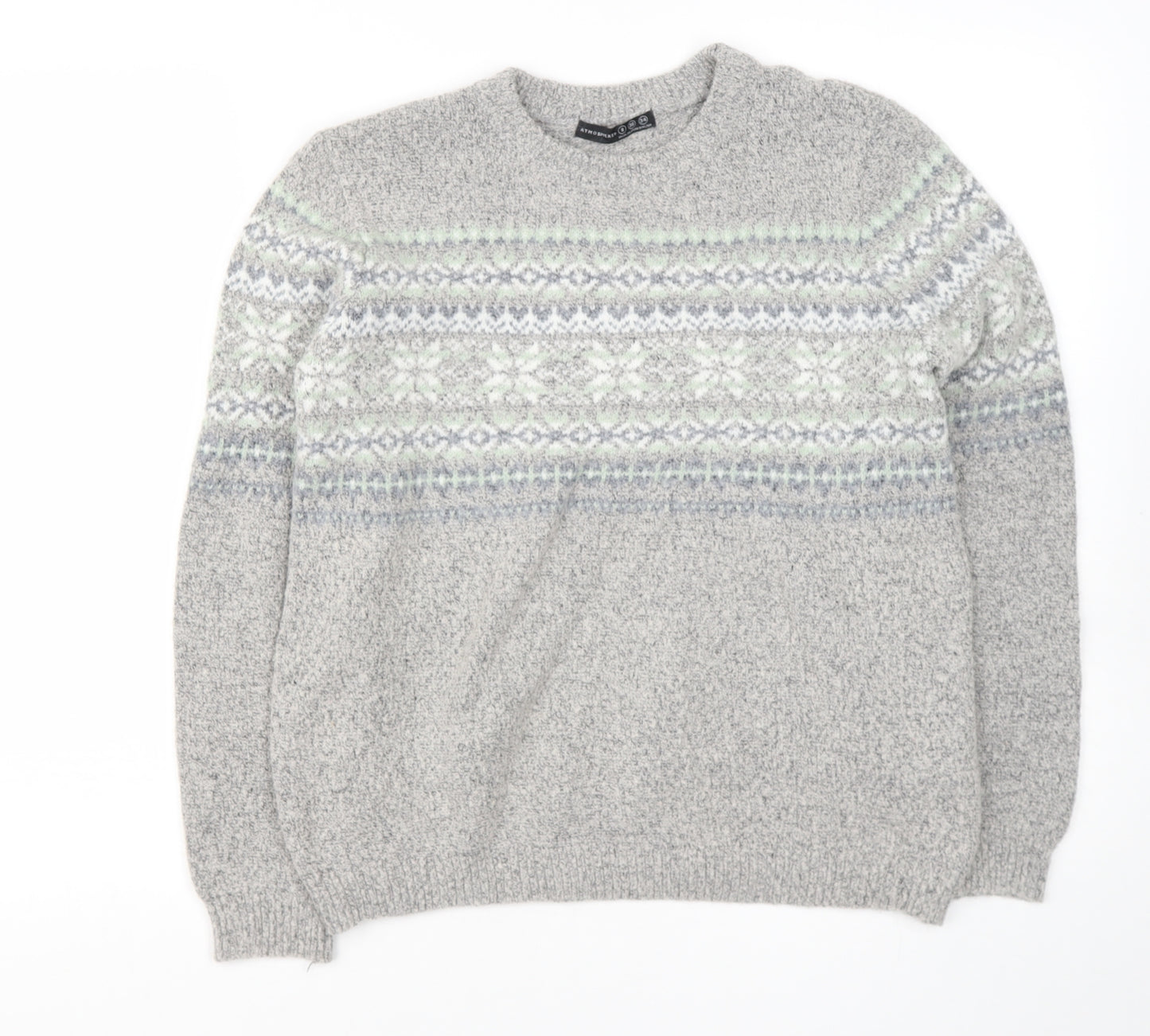 Primark Womens Grey Round Neck Fair Isle Acrylic Pullover Jumper Size 8