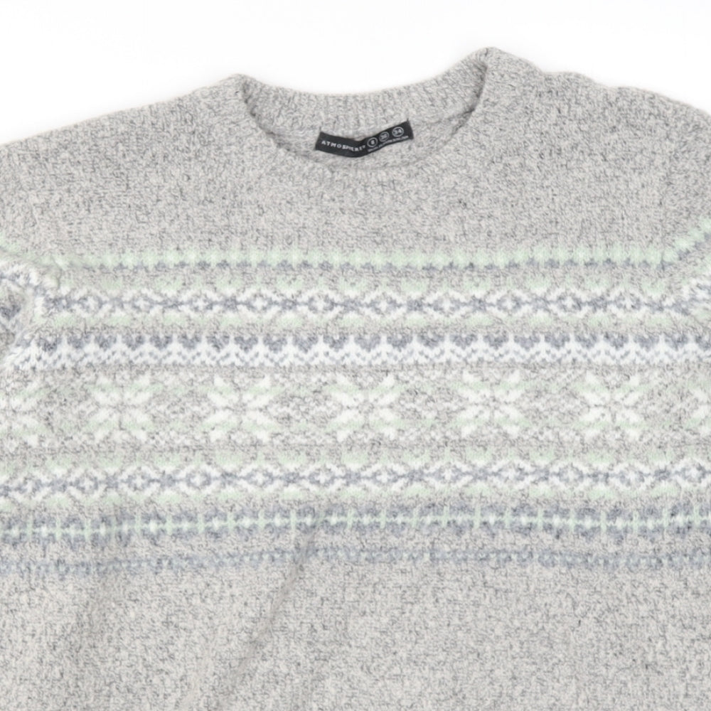 Primark Womens Grey Round Neck Fair Isle Acrylic Pullover Jumper Size 8