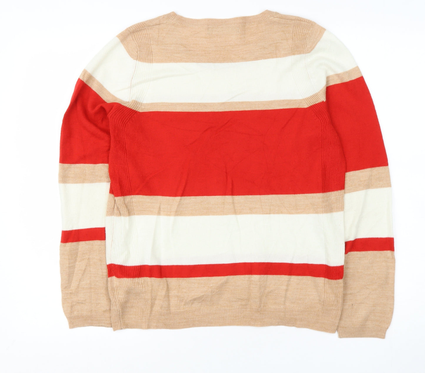 Marks and Spencer Womens Beige Round Neck Striped Polyester Pullover Jumper Size 12