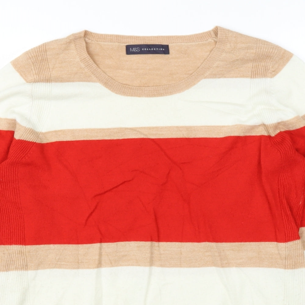 Marks and Spencer Womens Beige Round Neck Striped Polyester Pullover Jumper Size 12