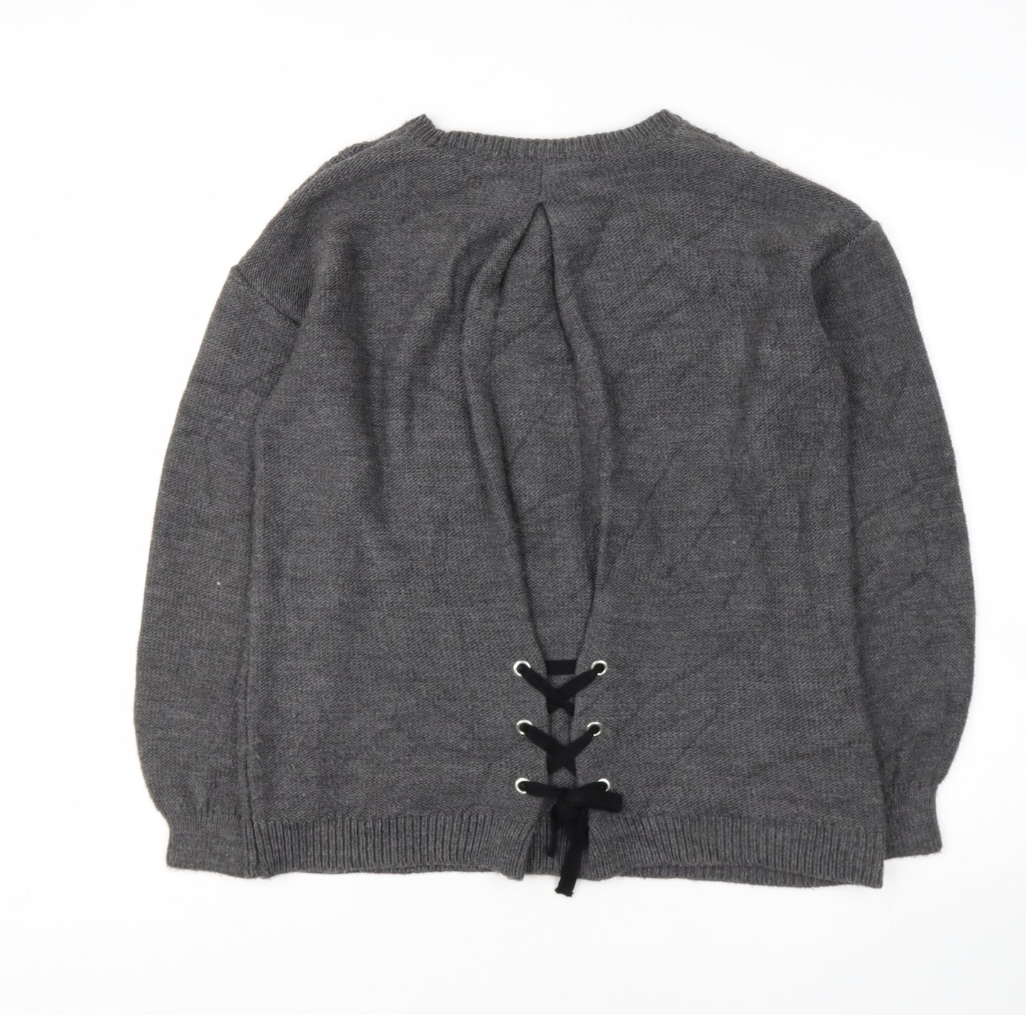 Papaya Womens Grey Round Neck  Acrylic Pullover Jumper Size M   - lace up detail