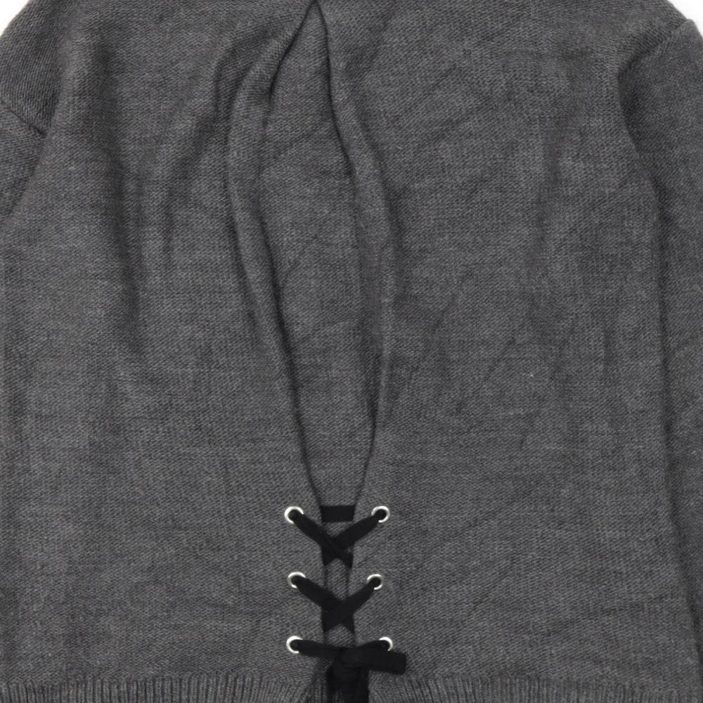 Papaya Womens Grey Round Neck  Acrylic Pullover Jumper Size M   - lace up detail