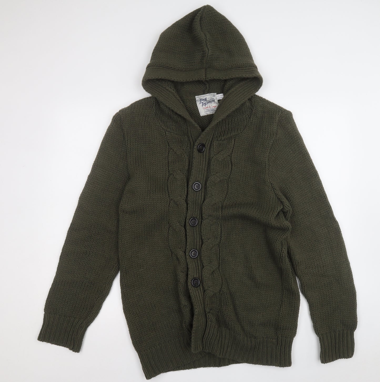 Topman Mens Green Collared  Acrylic Cardigan Jumper Size M
