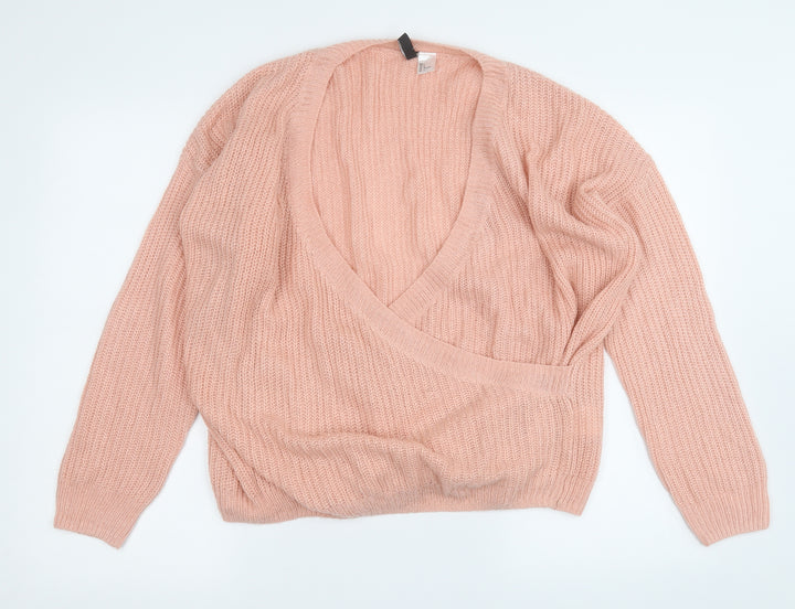 Divided Womens Pink V-Neck Acrylic Pullover Jumper Size L