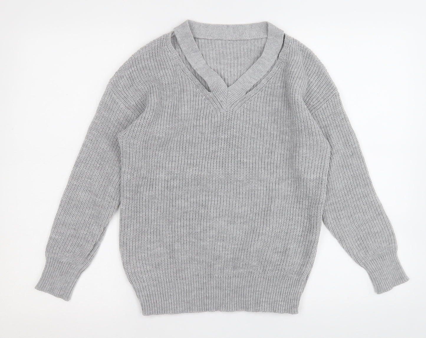 Shien Womens Grey V-Neck  Acrylic Pullover Jumper Size S