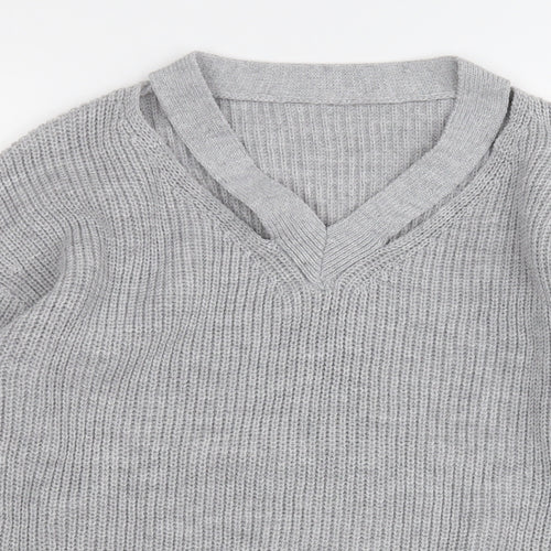 Shien Womens Grey V-Neck  Acrylic Pullover Jumper Size S
