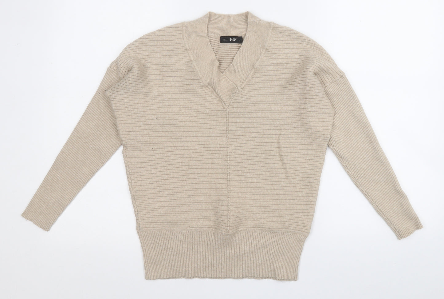 F&F Womens Beige V-Neck  Viscose Pullover Jumper Size 6
