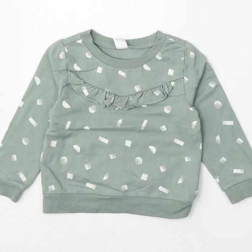 PL: Baby Girls Green Geometric Cotton Pullover Jumper Size 24 Months