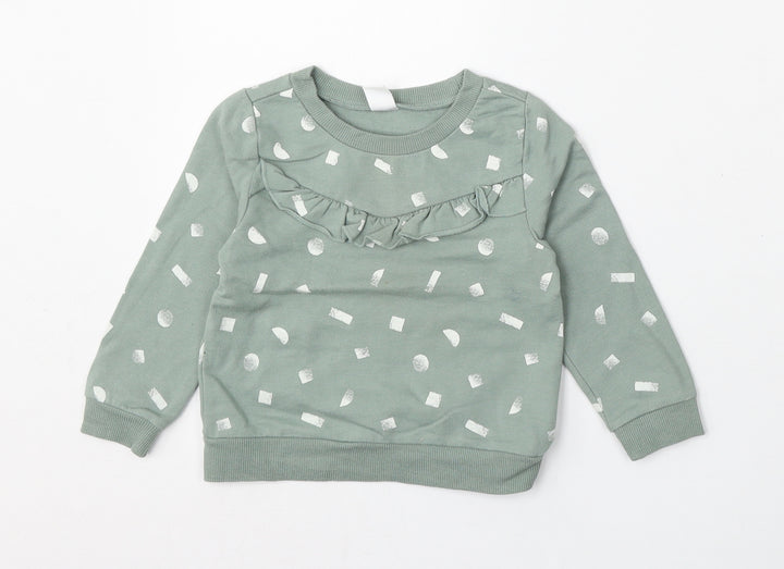 PL: Baby Girls Green Geometric Cotton Pullover Jumper Size 24 Months